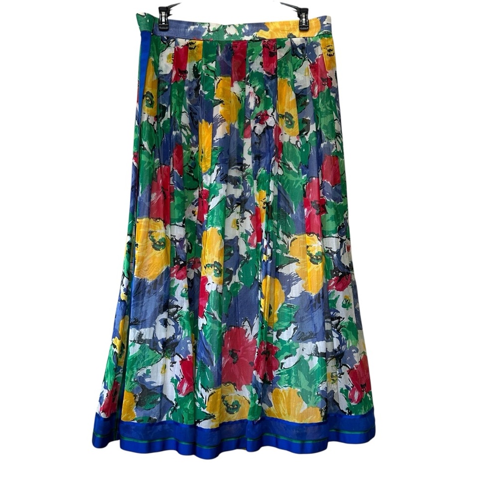 Vintage 80s Helene Straber Cotton Floral Pleated Skirt Grosgrain Trim Size 42